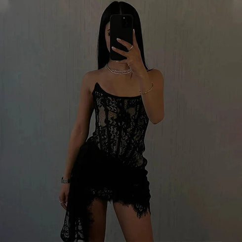 Elegant Lace Strapless See-Through Mini Dress for Women Summer Street Party